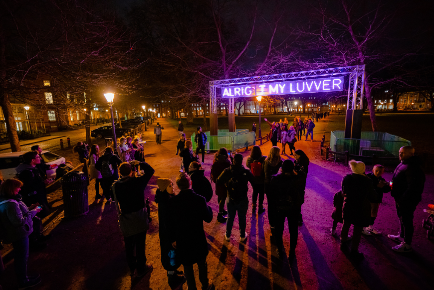 Crowd standing by ALRIGT MU LUVVER installation on Queen Square 